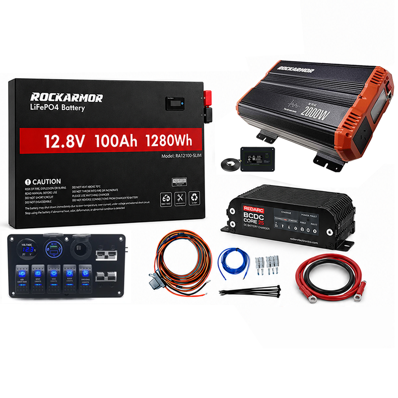 100AH Complete 12V System - Lithium Battery / 2000W Inverter / Redarc 25A DCDC Charger / 12V Switch Panel / Wiring Kit