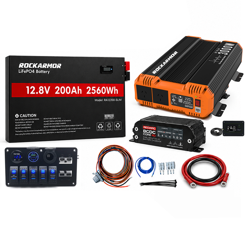 200AH Complete 12V System - Lithium Battery / 3000W Inverter / Redarc 40A DCDC Charger / 12V Switch Panel / Wiring Kit
