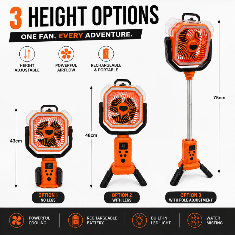 Camping Fan with Adjustable Stand, Water Misting Spray, Built in Lantern & 20,000mAh Battery