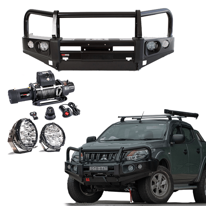 MQ Triton Rockarmor Elite Bull Bar, 12,000lb Winch & LED Driving Lights Pack
