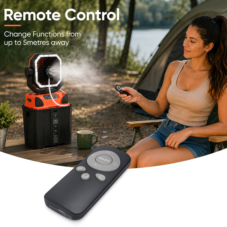 Portable Camping Fan with Water Misting Spray - 20,000mAh Battery - 6Litre Water Tank - Built in Lantern