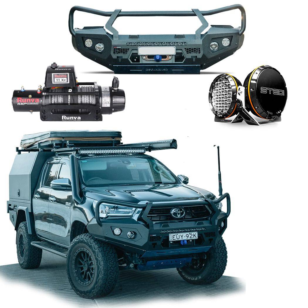 A composite image showcasing a black steel bull bar, a synthetic rope winch, and LED driving lights intended for a Toyota Hilux 8th Gen vehicle.