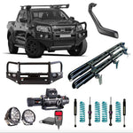 An image showcasing the Weekend Warrior Pack contents which include a steel bull bar, winch with wireless remote, LED driving lights, side steps, suspension components, and other off-road accessories installed on a Nissan Navara NP300.